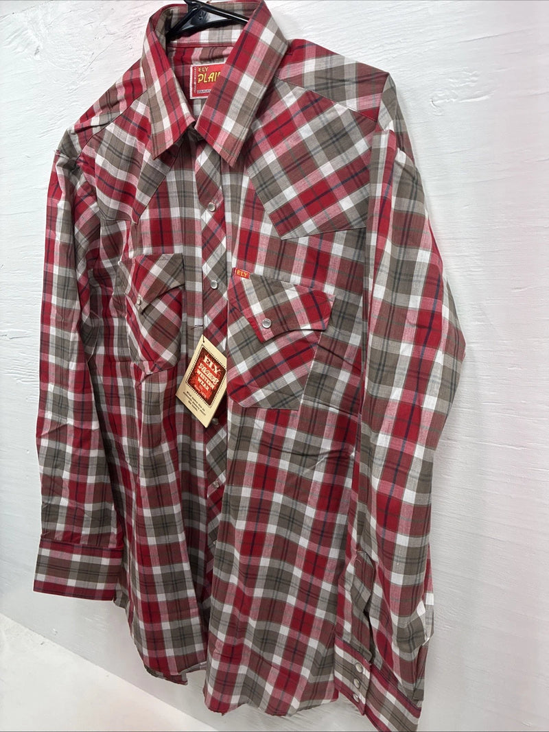 New Men’s ELY Plains Red Brown Plaid Long Sleeve Pearl Snap 16.5 Large M-66