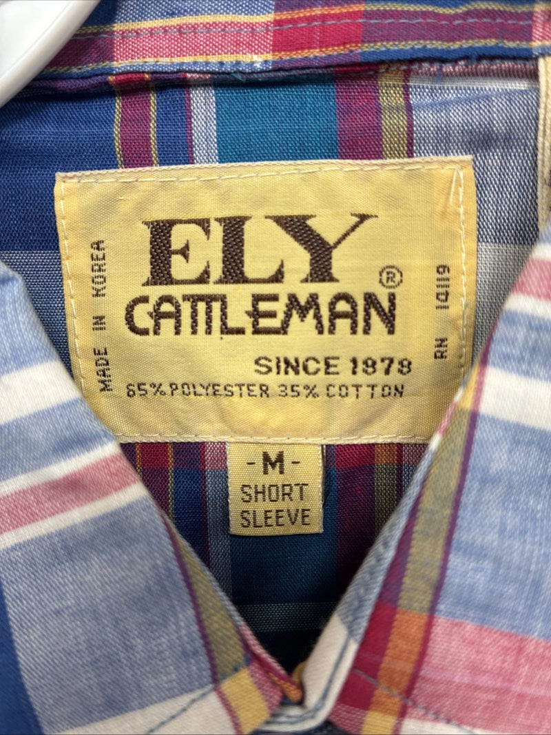 New Men’s ELY Cattleman Blue Plaid Short Sleeve Pearl Snap Medium AA-116 