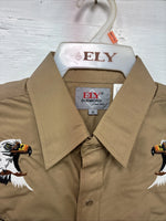 New Men’s ELY Cattleman Brown Eagle Design Long Sleeve Pearl Snap Medium J-95