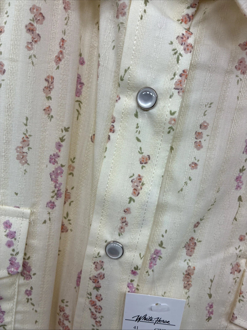 New Women’s White Horse Yellow Floral Short Sleeve Pearl Snap Large II-95