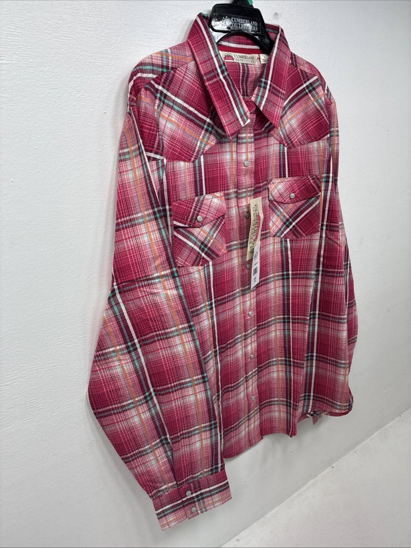 New Women’s Cumberland Pink Plaid Long Sleeve Pearl Snap XL GG-73