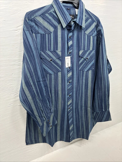New Men’s White Horse Blue Green Stripe Long Sleeve Pearl Snap XL H-66