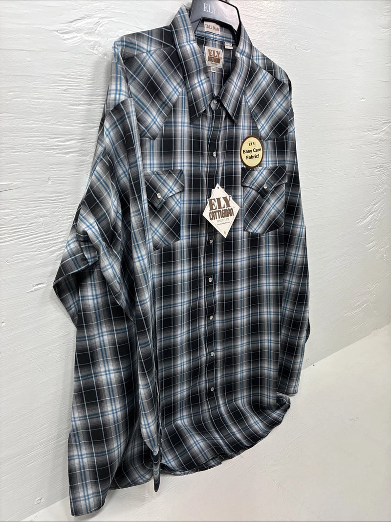 New Men’s ELY Cattleman Grey Black Long Sleeve Pearl Snap 3XL E-39