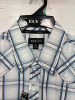 New Men’s ELY 1878 White Blue Plaid Long Sleeve Pearl Snap XL J-38