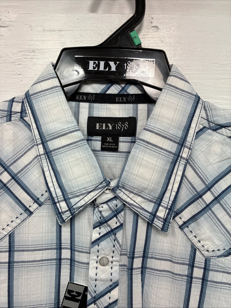 New Men’s ELY 1878 White Blue Plaid Long Sleeve Pearl Snap XL J-38