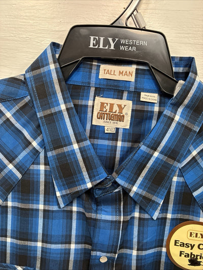 New Men’s ELY Cattleman Blue Flannel Long Sleeve Pearl Snap 4XL E-80