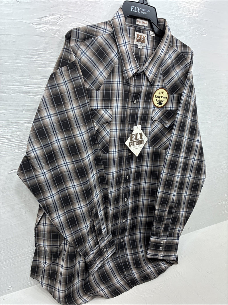 New Men’s ELY Cattleman Brown Flannel Long Sleeve Pearl Snap 4XL E-81