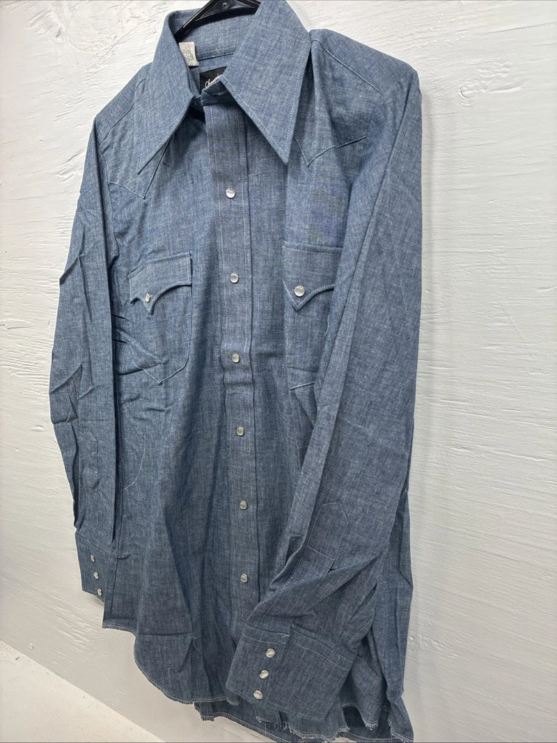 New Men’s Champion Western Blue Design Long Sleeve Pearl Snap 15.5 Medium R-11