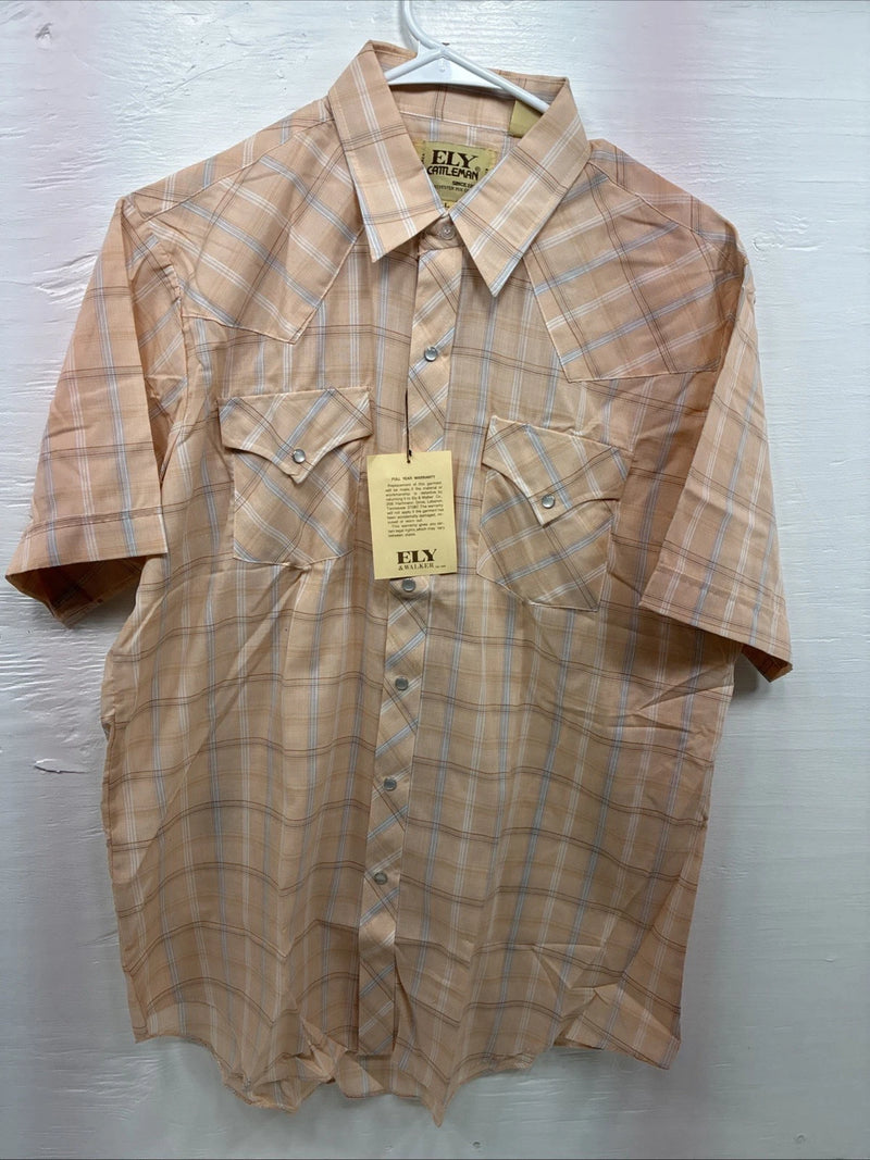 New Men’s ELY Cattleman Orange Plaid Short Sleeve Pearl Snap Large X-61