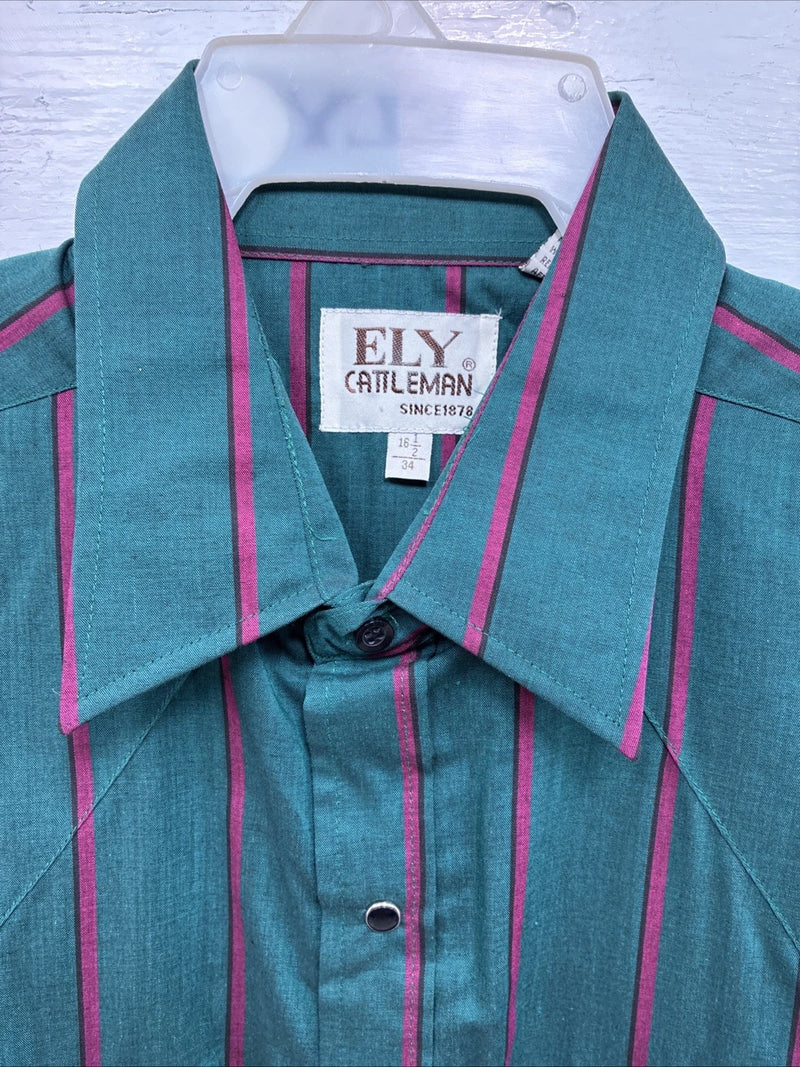 New Men’s ELY Cattleman Green Pink Stripe Long Sleeve Pearl Snap 16.5 Large Q-81