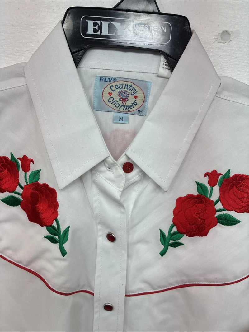 New Women’s Country Charmers White Rose Long Sleeve Pearl Snap Medium LL-55