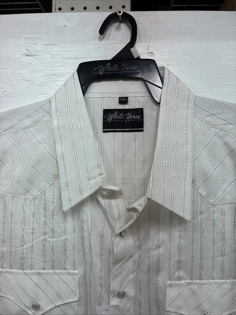New Men’s White Horse White Stripe Western Long Sleeve Pearl Snap 2XL H-47