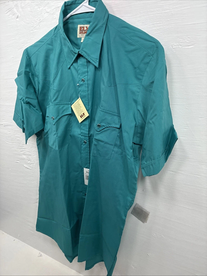 New Men’s ELY Cattleman Teal Short Sleeve Pearl Snap 16 Large X-63