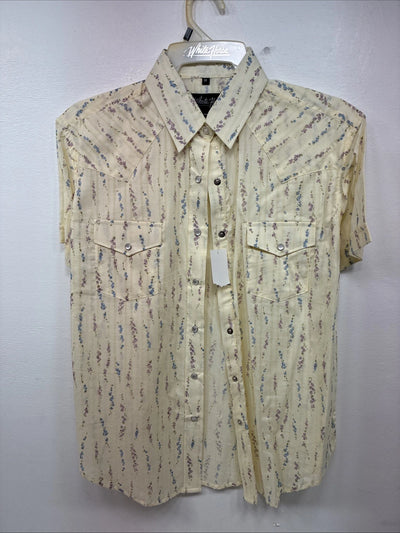 New Women’s White Horse Yellow Floral Short Sleeve Pearl Snap Medium II-97