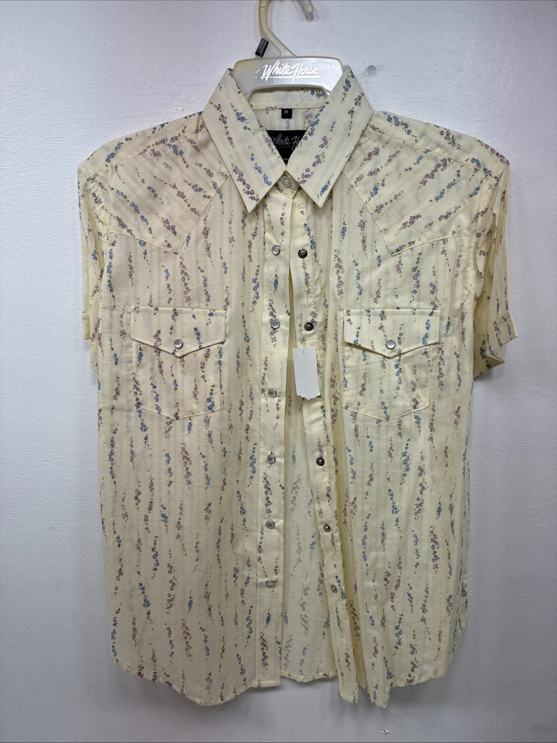 New Women’s White Horse Yellow Floral Short Sleeve Pearl Snap Medium II-97