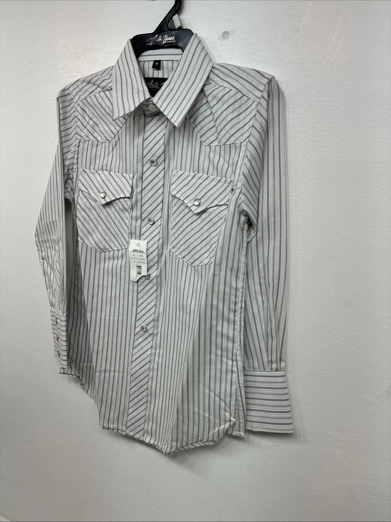 New Boys White Horse Gray Stripe Long Sleeve Pearl Snap Medium DD-118