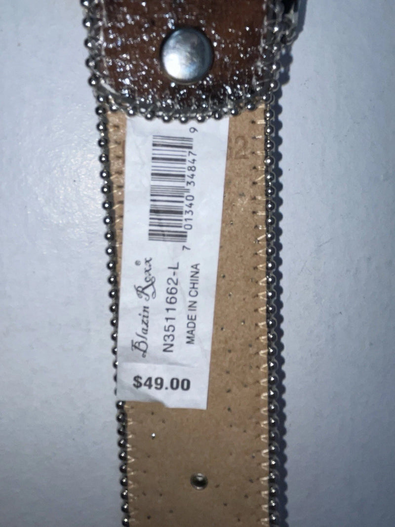 New Cow Print Genuine Leather Blazin Roxx Silver Bling L Belt #N3511662 Z-61