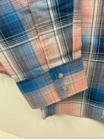 New Women’s Cumberland Pink Blue Plaid Long Sleeve Pearl Snap 1XL Plus GG-39
