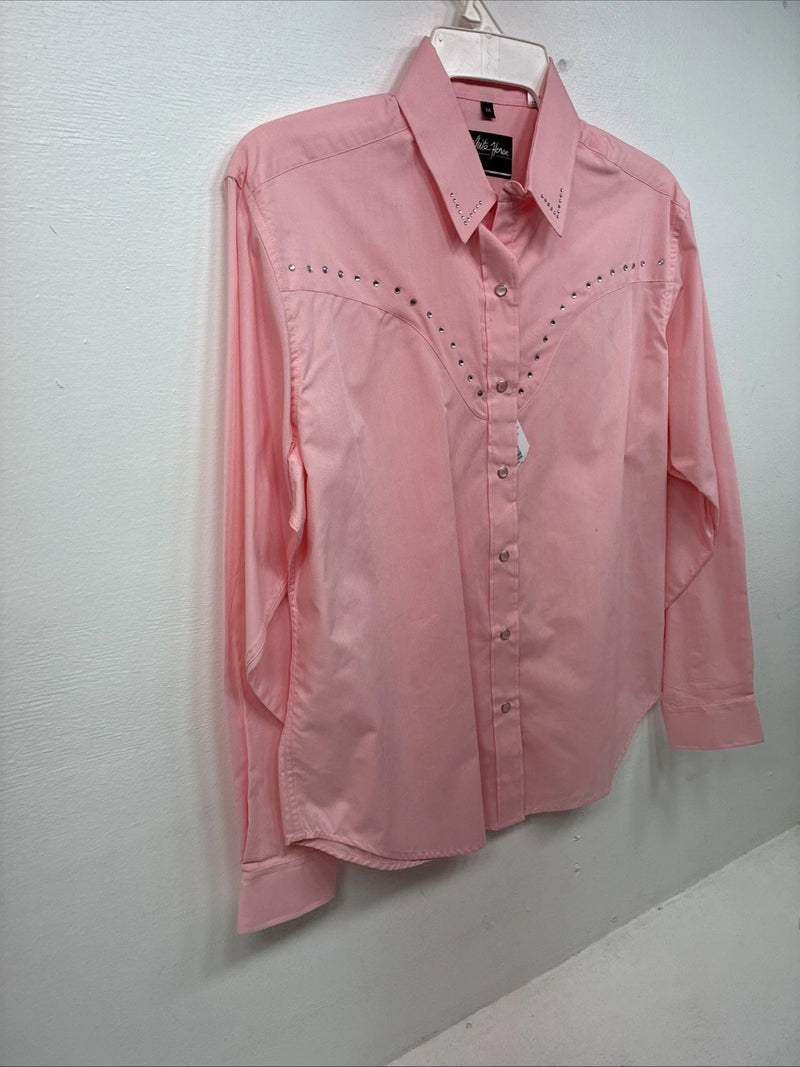 New Women’s White Horse Pink Gem Long Sleeve Pearl Snap Medium II-76