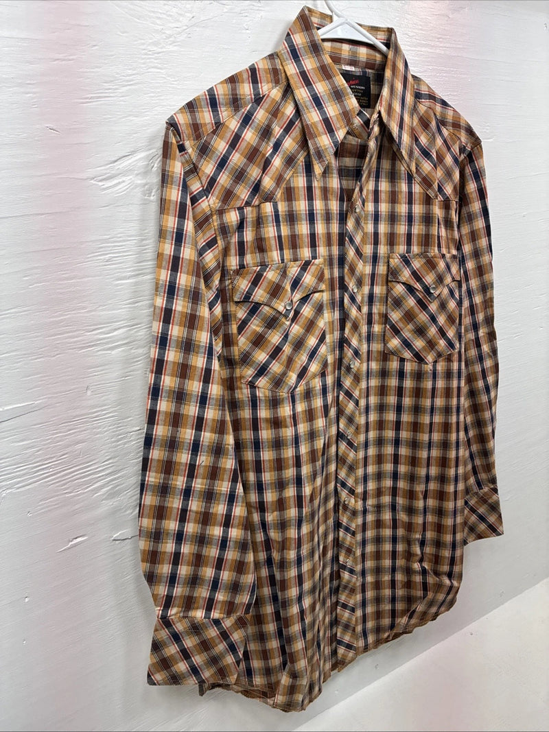 New Men’s Champion Western Yellow Brown Plaid Long Sleeve Pearl Snap Medium O-31