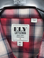 New Men’s ELY Cattleman Red Gray Plaid Long Sleeve Pearl Snap XLT T-7