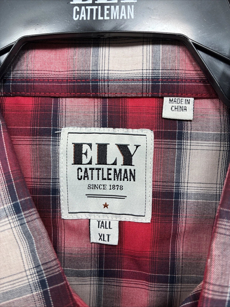 New Men’s ELY Cattleman Red Gray Plaid Long Sleeve Pearl Snap XLT T-7
