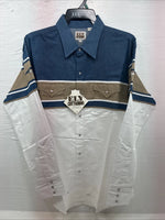 New Men’s ELY Cattleman White Blue Tan Western Long Sleeve Pearl Snap XL R-55