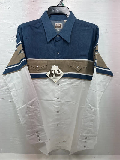 New Men’s ELY Cattleman White Blue Tan Western Long Sleeve Pearl Snap XL R-55