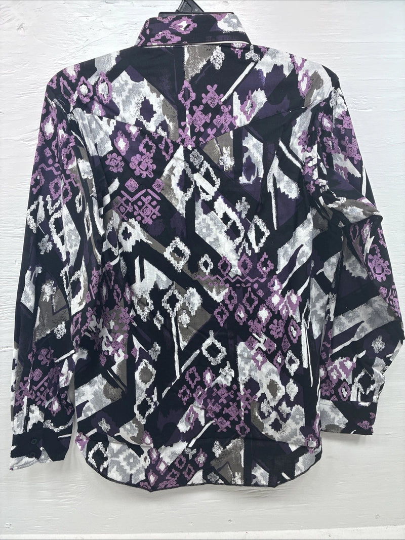New Men’s Wrangler Black Purple Designed Long Sleeve Button Up Medium V-86
