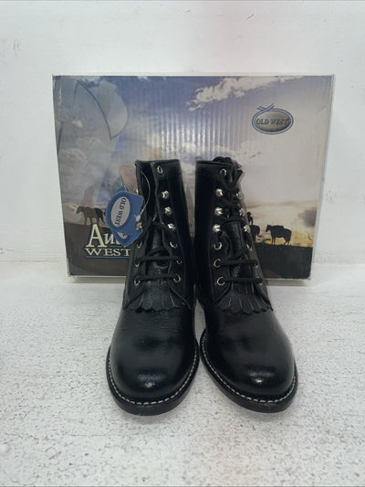 New Youth Black Lace Up Old West Cowboy Boots. Y 5110 3.5 3 1/2. 22-39