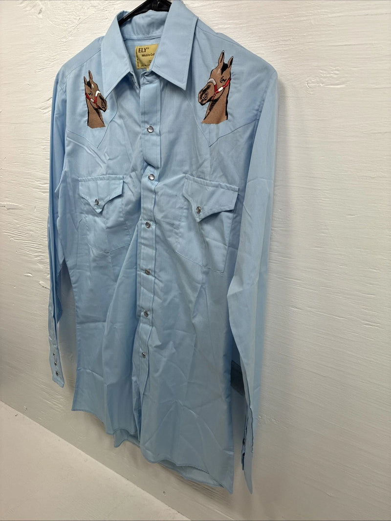 New Men’s ELY Wildlife Blue Horse Design Long Sleeve Pearl Snap Small AA-8