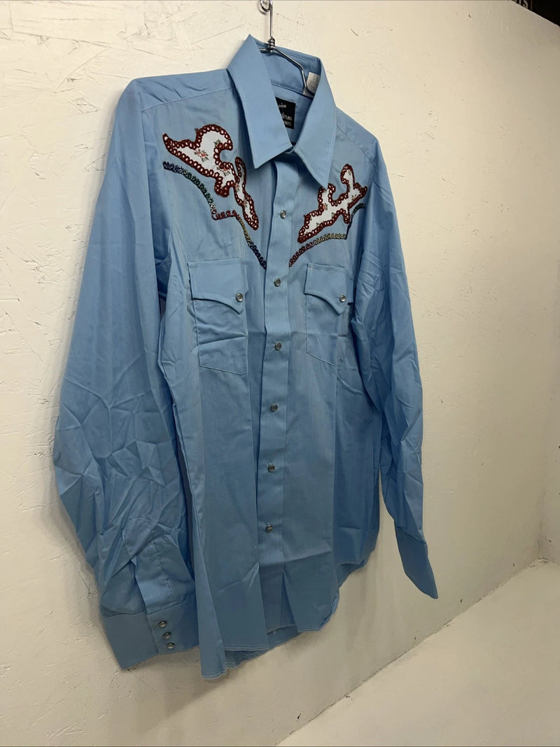 New Men’s Blue Champion Pearl Snap Western Long Shirt. 15.5 X 34 Medium A-177