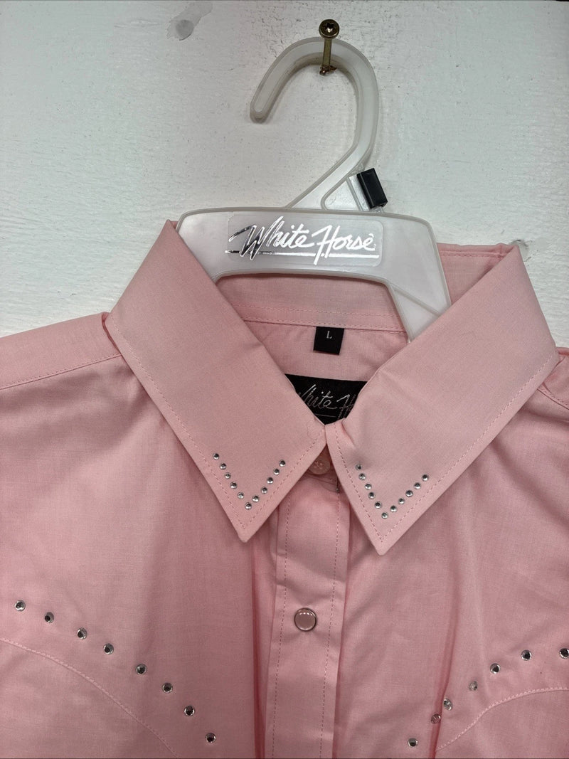 New Women’s White Horse Pink Gem Long Sleeve Pearl Snap Large II-75