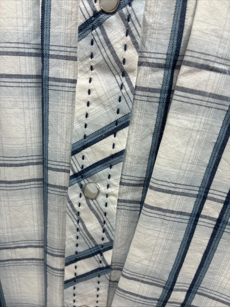 New Men’s ELY 1878 White Blue Plaid Long Sleeve Pearl Snap XL J-38