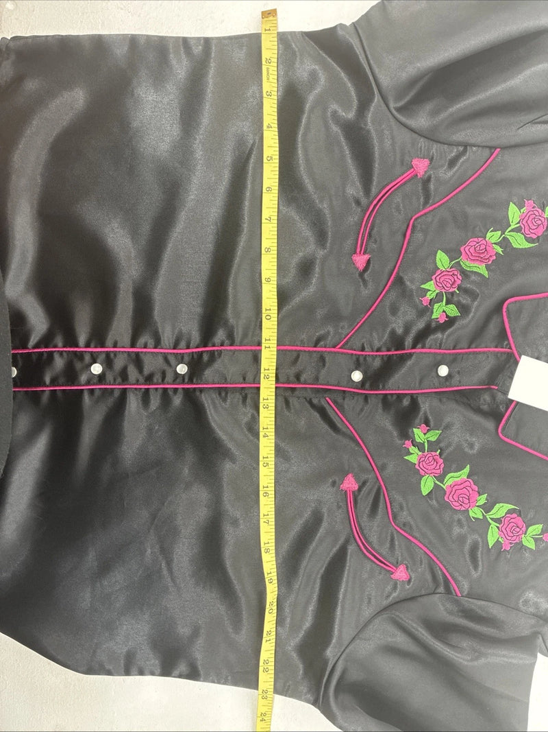 New Women’s Cumberland Black Floral Long Sleeve Pearl Snap Large KK-88