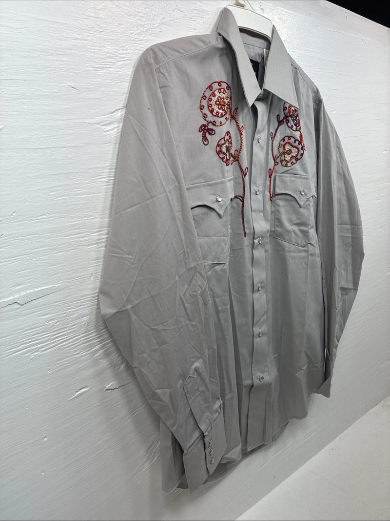 New Men’s Champion Westerns Gray Embroidered Long Sleeve Pearl Snap Large Q-101
