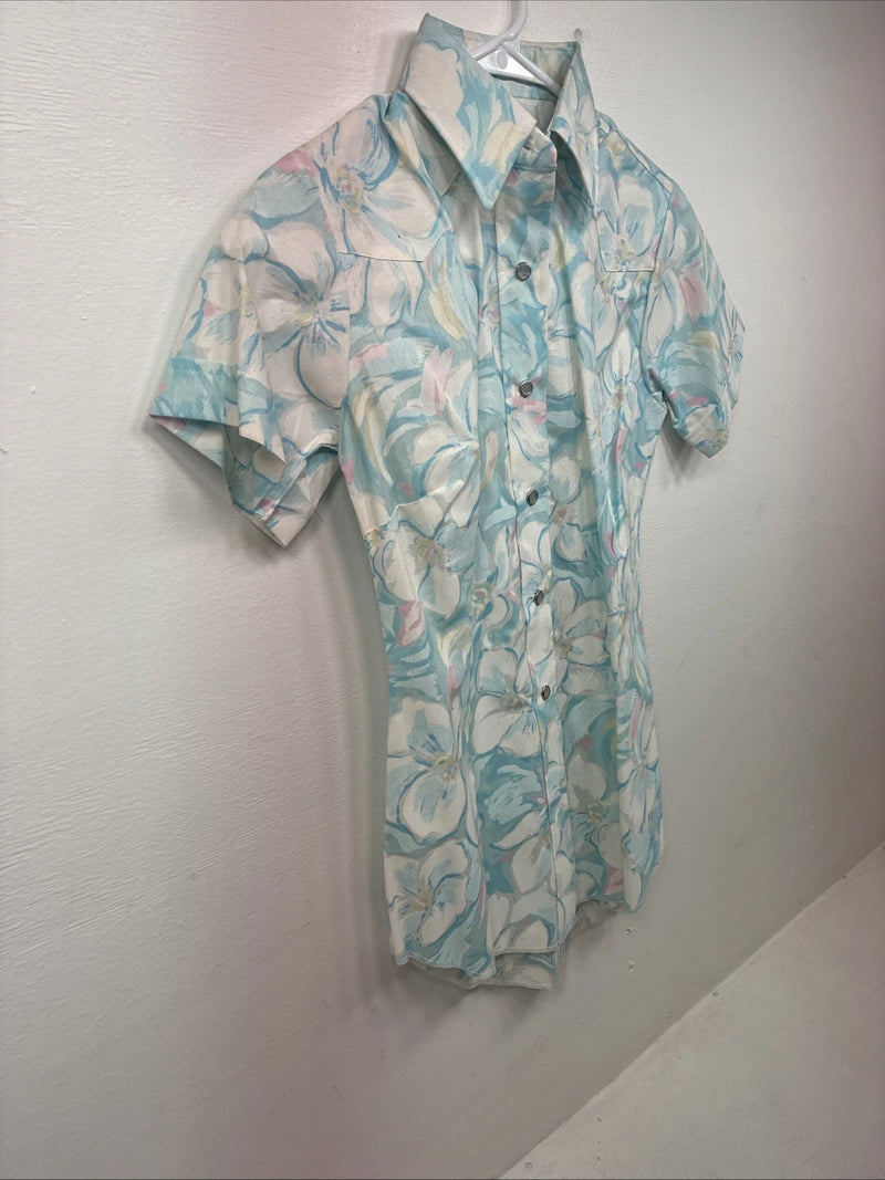 New Women’s H Bar C Blue Floral Short Sleeve Pearl Snap Size 30 DD-155