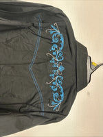 New Women’s Cumberland Black Blue Design Long Sleeve Pearl Snap Large GG-87