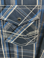 New Men’s ELY 1878 Blue Plaid Short Sleeve Pearl Snap XL R-48