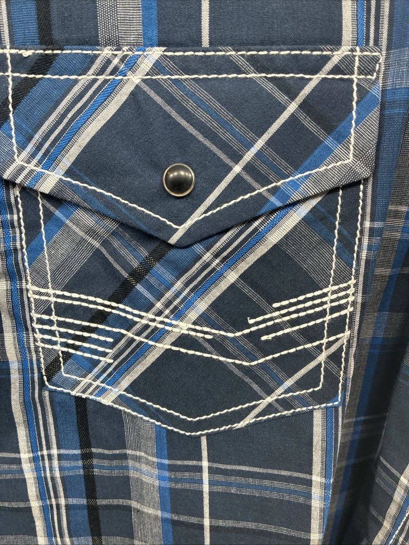 New Men’s ELY 1878 Blue Plaid Short Sleeve Pearl Snap XL R-48