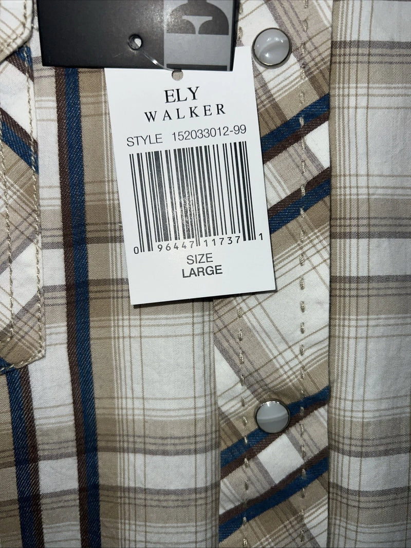 New Men’s Tan Plaid ELY 1878 Long Sleeve Pearl Snap Shirt. Large P-72
