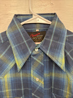 New Men’s Champion Westerns Blue Green Plaid Long Sleeve Pearl Snap Small R-22