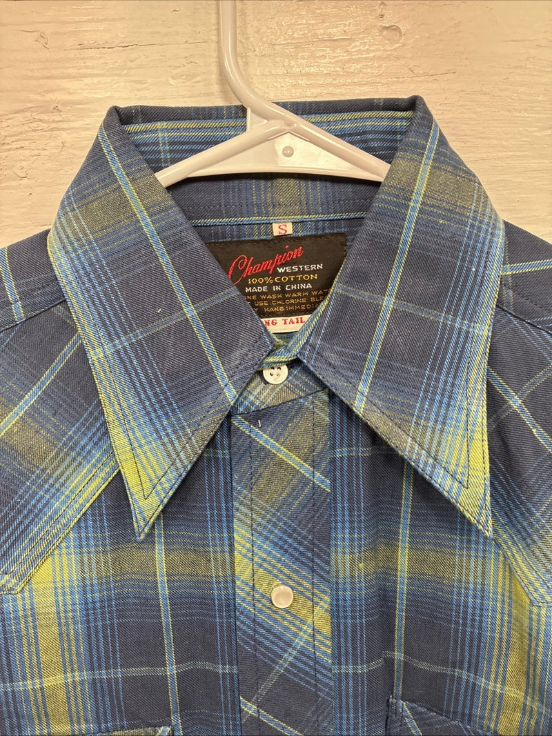 New Men’s Champion Westerns Blue Green Plaid Long Sleeve Pearl Snap Small R-22