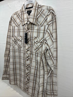 New Men’s ELY 1878 Brown White Plaid Long Sleeve Pearl Snap 2XL R-27