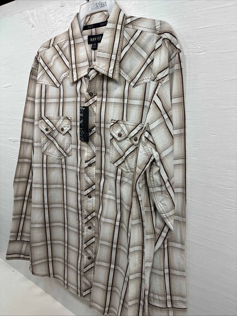 New Men’s ELY 1878 Brown White Plaid Long Sleeve Pearl Snap 2XL R-27