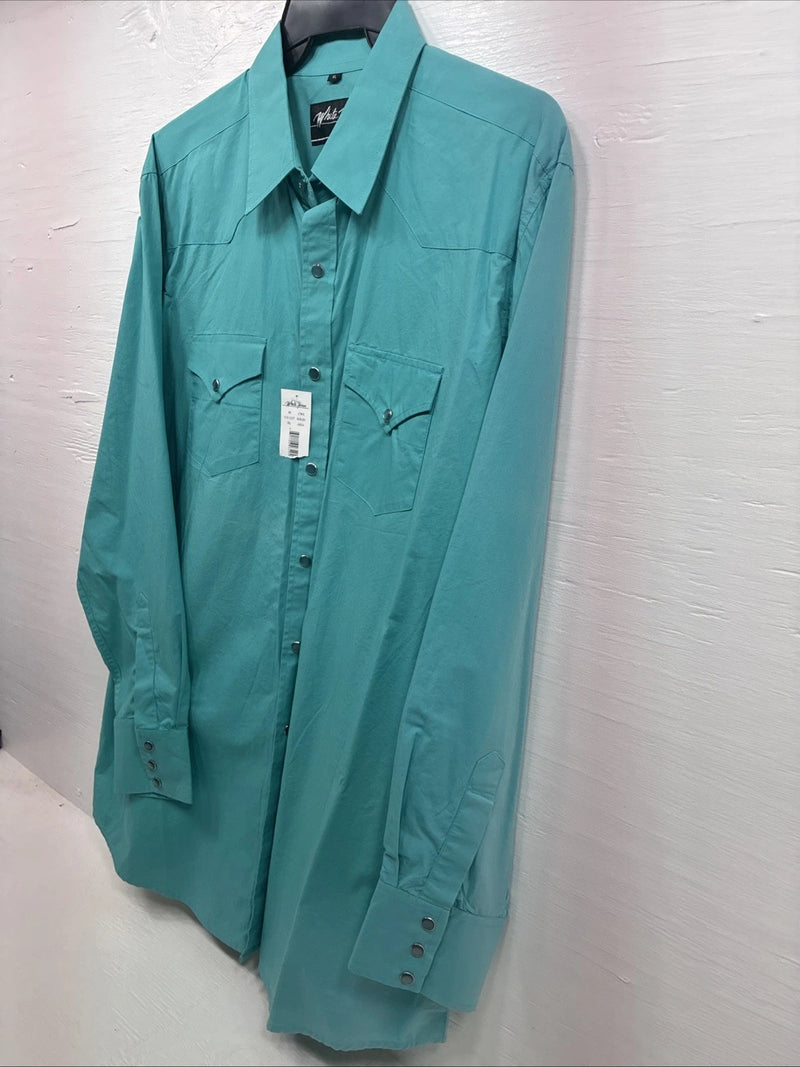 New Men’s White Horse Teal Long Sleeve Pearl Snap XL R-57
