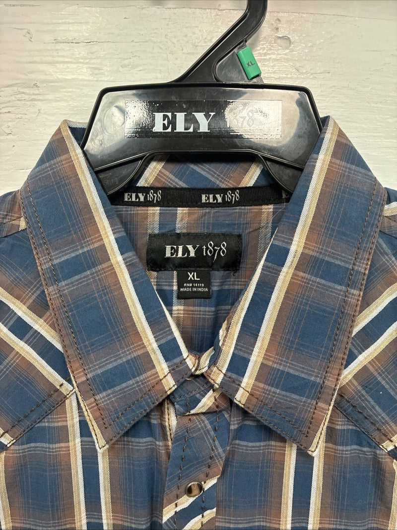 New Men’s ELY 1878 Blue Brown Plaid Long Sleeve Pearl Snap XL T-35