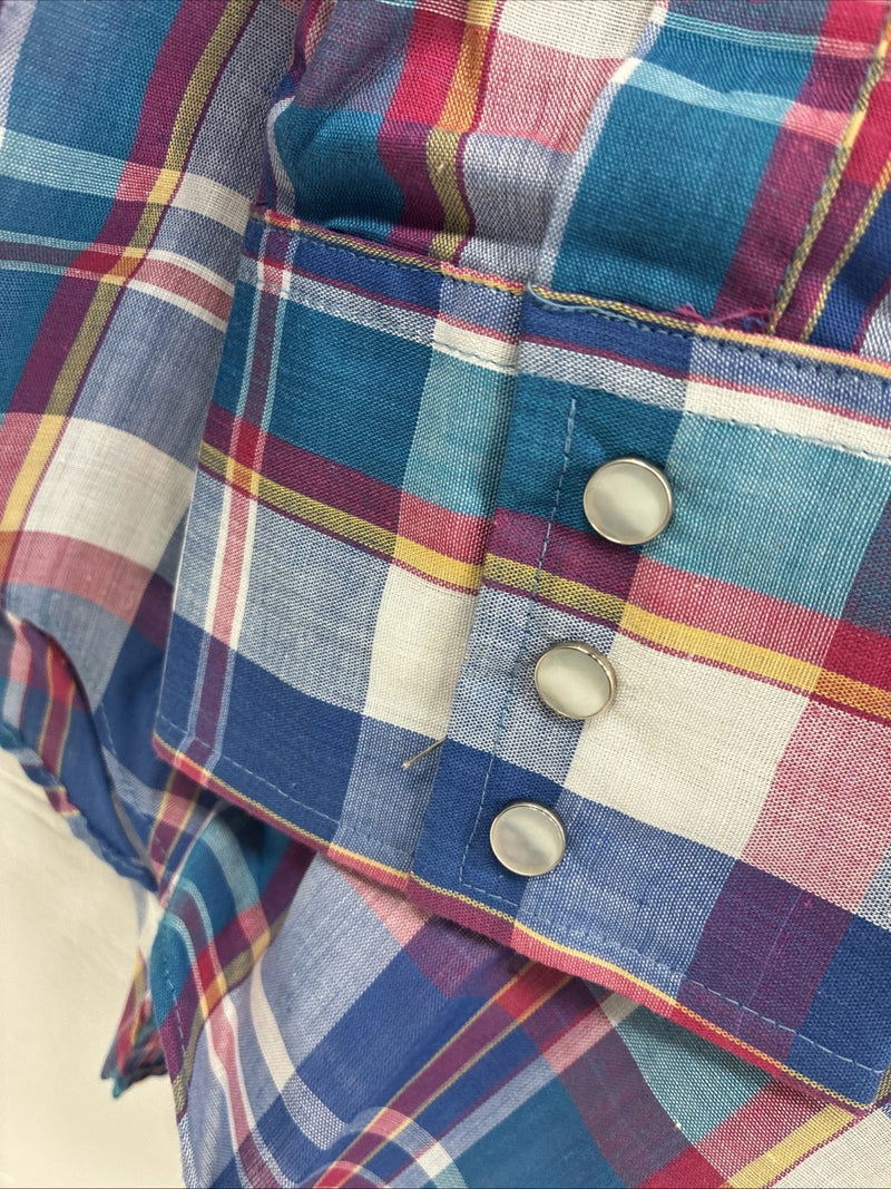 New Men’s ELY Cattleman Blue Multicolor Plaid Long Sleeve Pearl Snap Large X-17