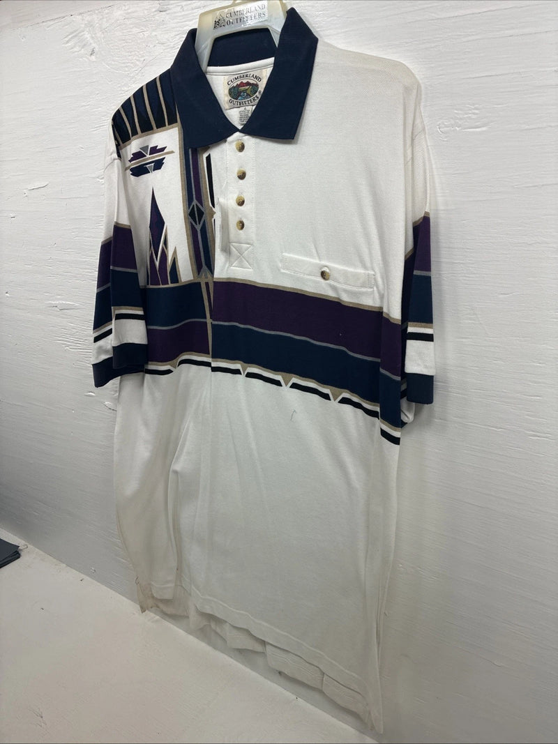 New Men’s Cumberland White Purple Design Short Sleeve Polo Short Large V-90