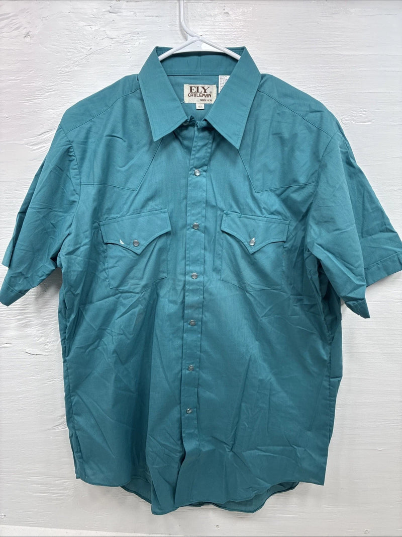 New Men’s ELY Cattleman Teal Short Sleeve Pearl Snap 16.5 Large X-67